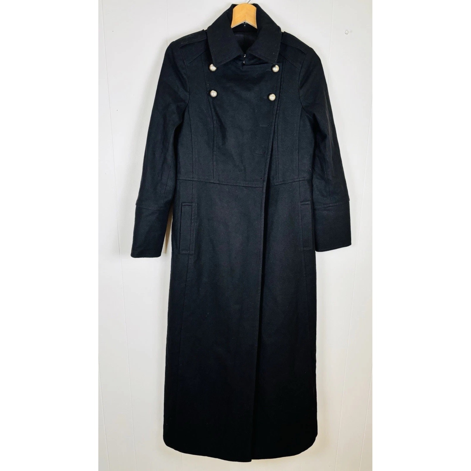 Theory Military Style Black Wool Trench Coat Sz Medium Long Goth Classic - Read